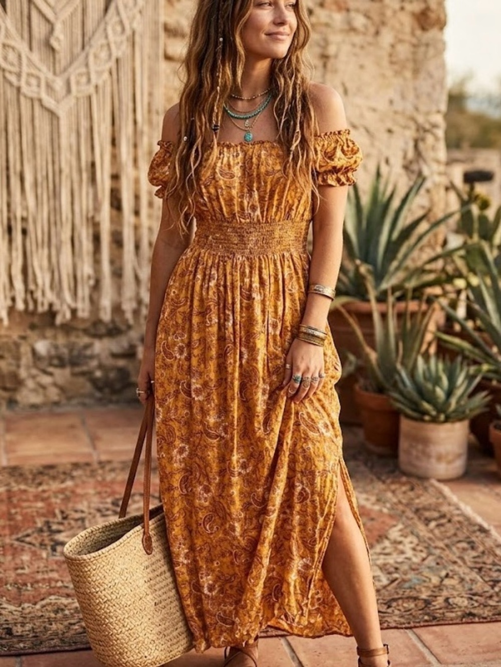 Patrons of Peace Mustard Yellow Paisley Boho Smocked Maxi Dress Off Shoulder